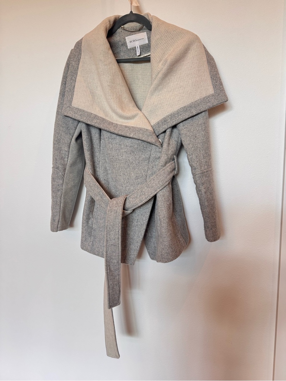 BCBG Two-Tone Gray and Cream Wrap Sweater Coat